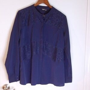 Ana a New Approach Blouse Top Long Sleeve Lace Detail Button Up Navy Sz XL/#6163